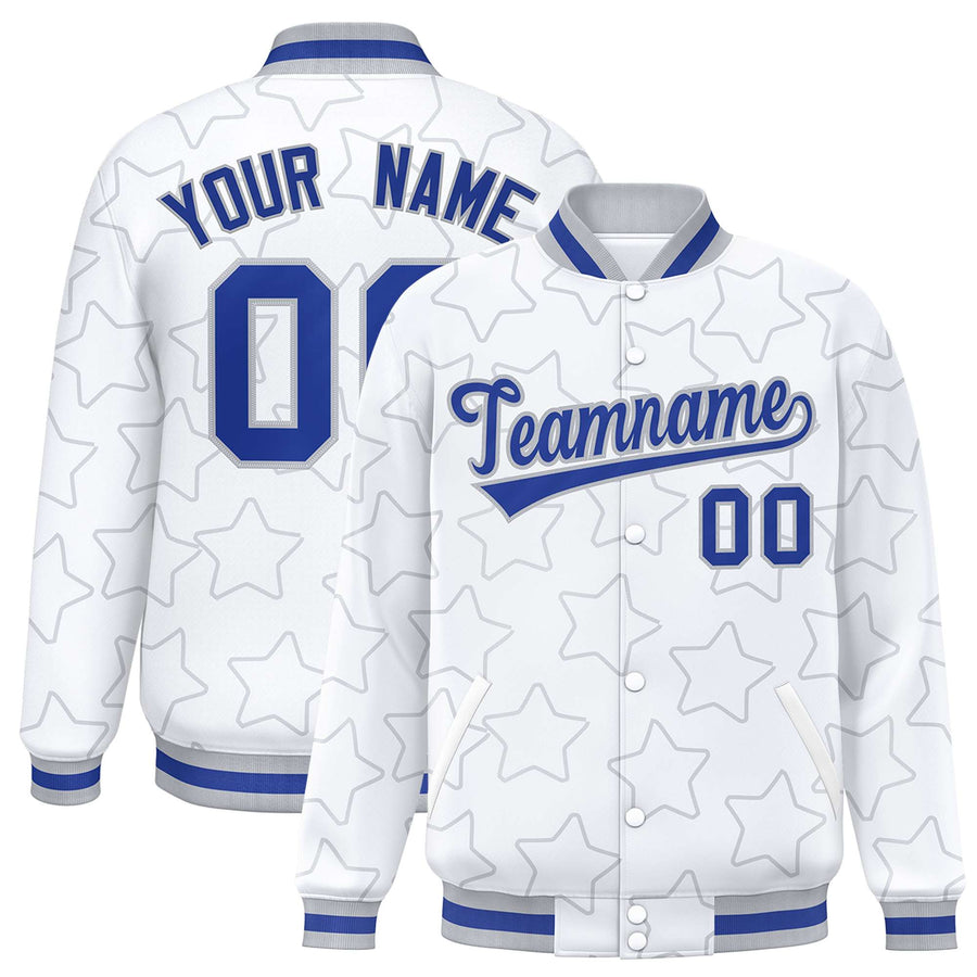 Custom White Gray Varsity Full-Snap Star Pattern Letterman Baseball Jacket | BuyFootballJersey