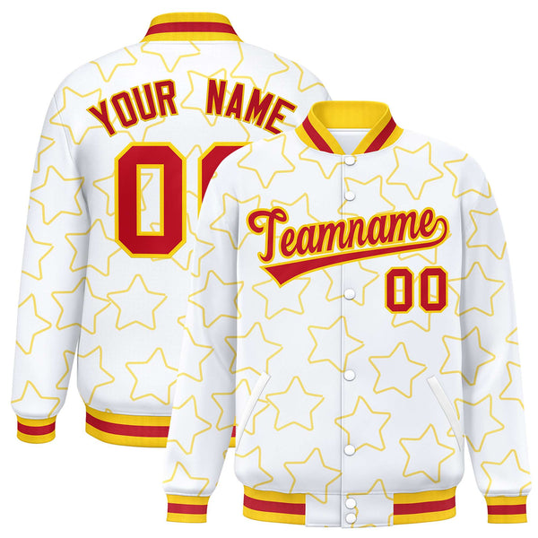 Custom White Gold Varsity Full-Snap Star Pattern Letterman Baseball Jacket | BuyFootballJersey
