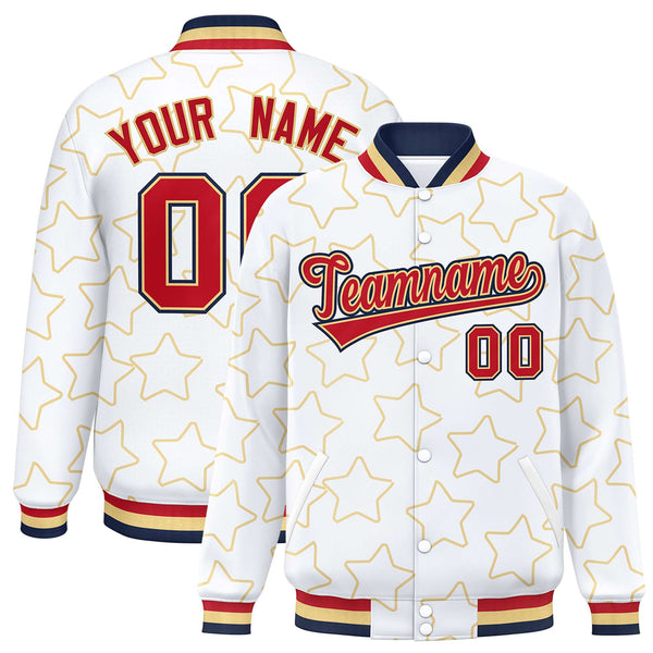 Custom White Khaki Varsity Full-Snap Star Pattern Letterman Baseball Jacket | BuyFootballJersey