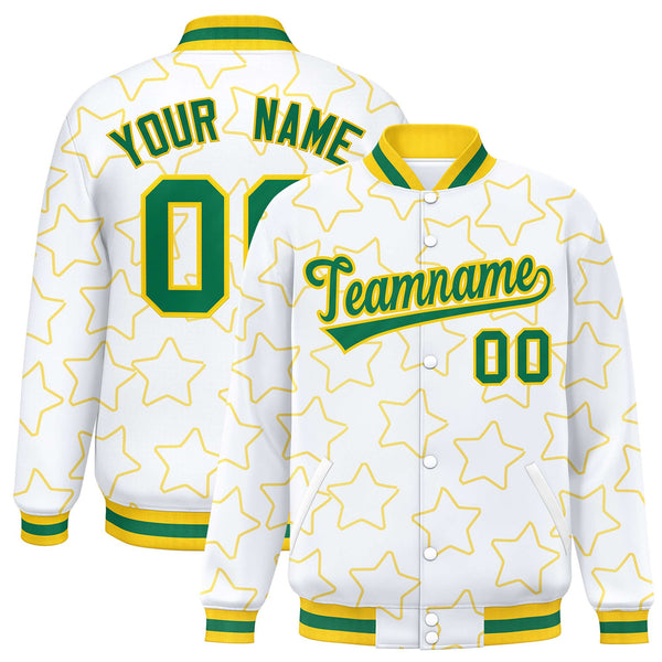 Custom White Gold Varsity Full-Snap Star Pattern Letterman Baseball Jacket | BuyFootballJersey