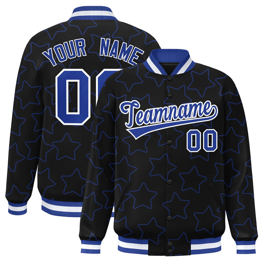 Custom Black Royal Varsity Full-Snap Star Pattern Letterman Baseball Jacket | BuyFootballJersey