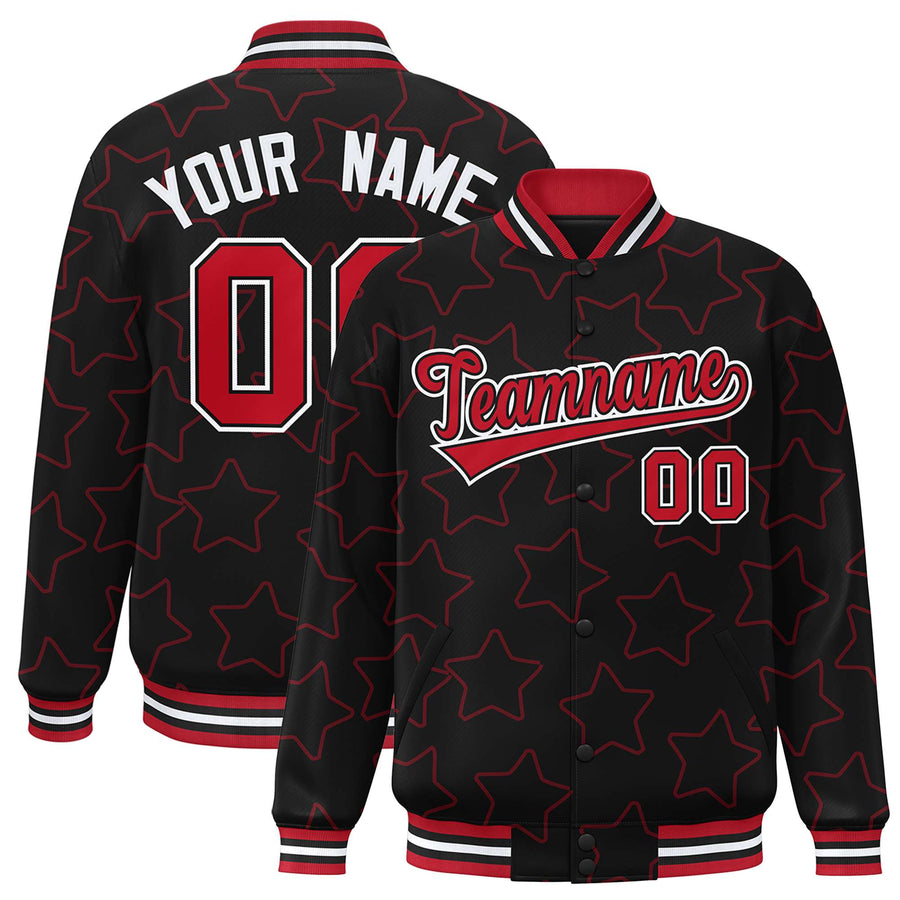 Custom Black Red Varsity Full-Snap Star Pattern Letterman Baseball Jacket | BuyFootballJersey