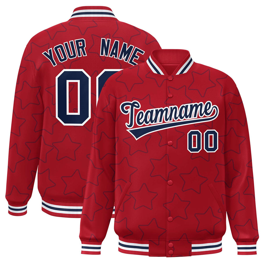 Custom Red Navy Varsity Full-Snap Star Pattern Letterman Baseball Jacket | BuyFootballJersey