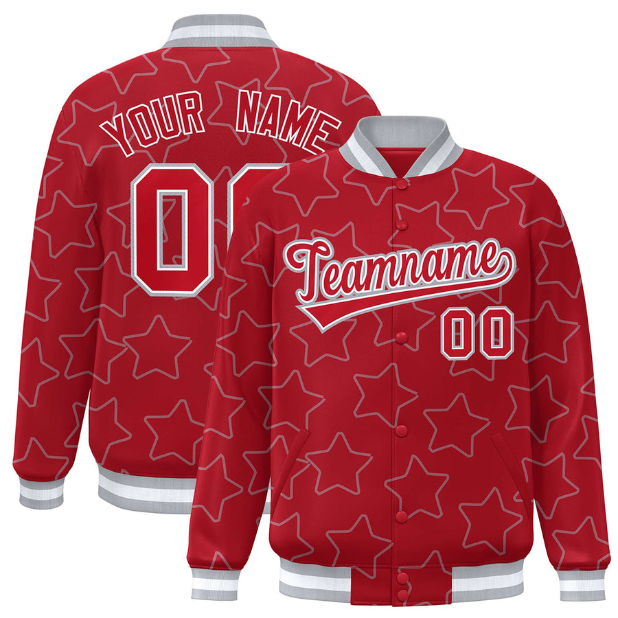 Custom Red Gray Varsity Full-Snap Star Pattern Letterman Baseball Jacket | BuyFootballJersey