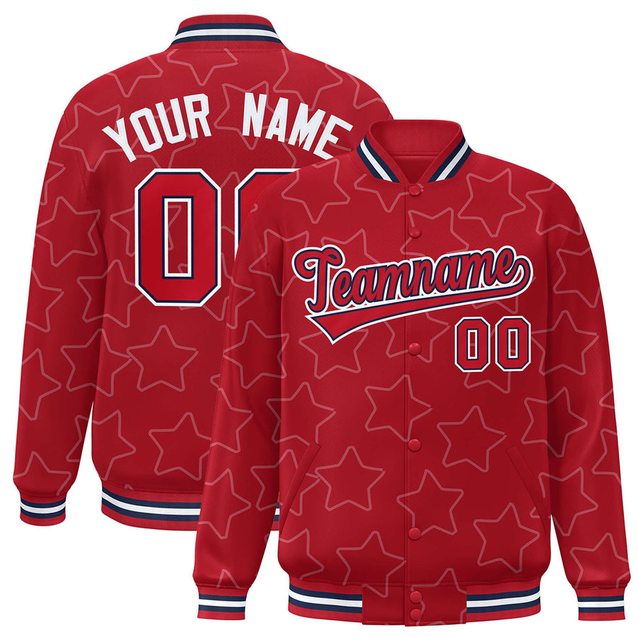 Custom Red White Varsity Full-Snap Star Pattern Letterman Baseball Jacket | BuyFootballJersey