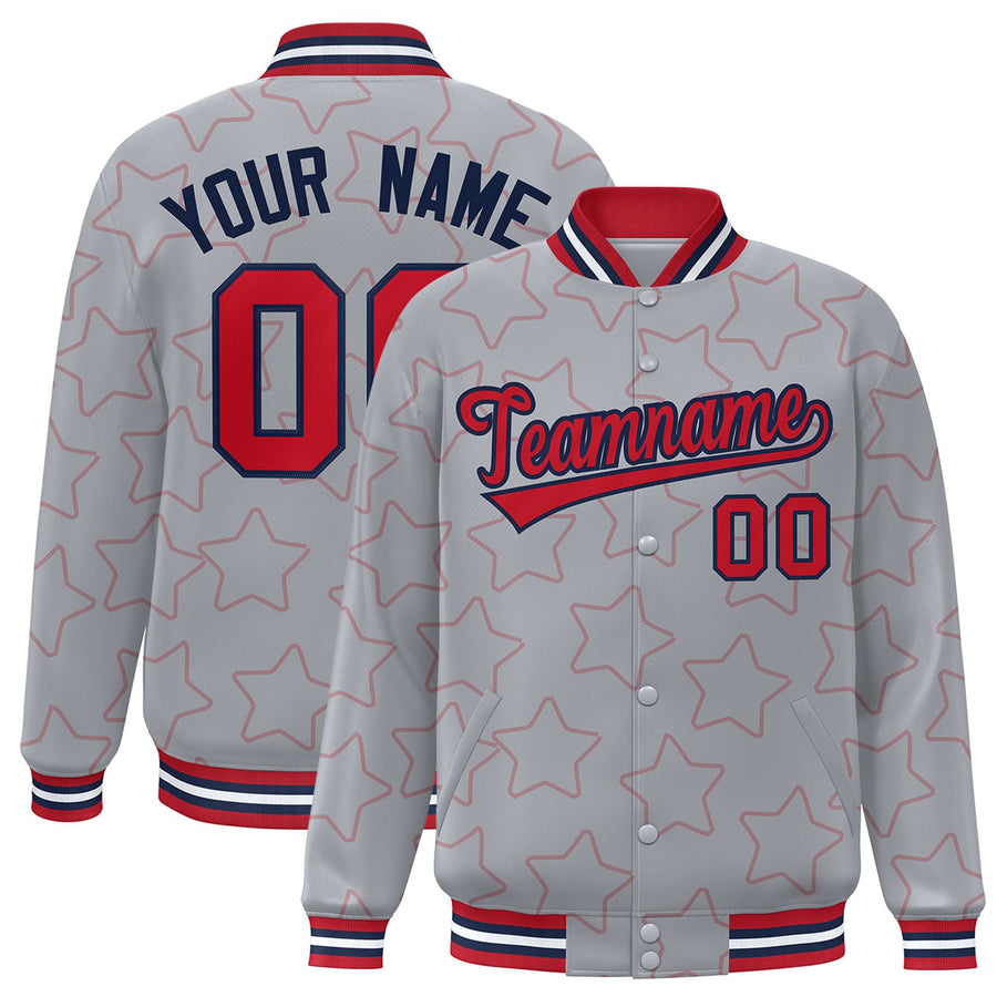 Custom Gray Red Varsity Full-Snap Star Pattern Letterman Baseball Jacket | BuyFootballJersey