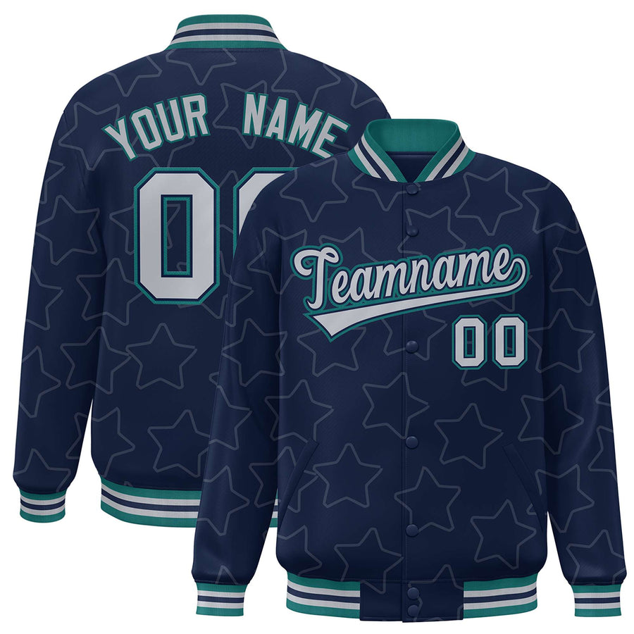 Custom Navy Gray Varsity Full-Snap Star Pattern Letterman Baseball Jacket | BuyFootballJersey