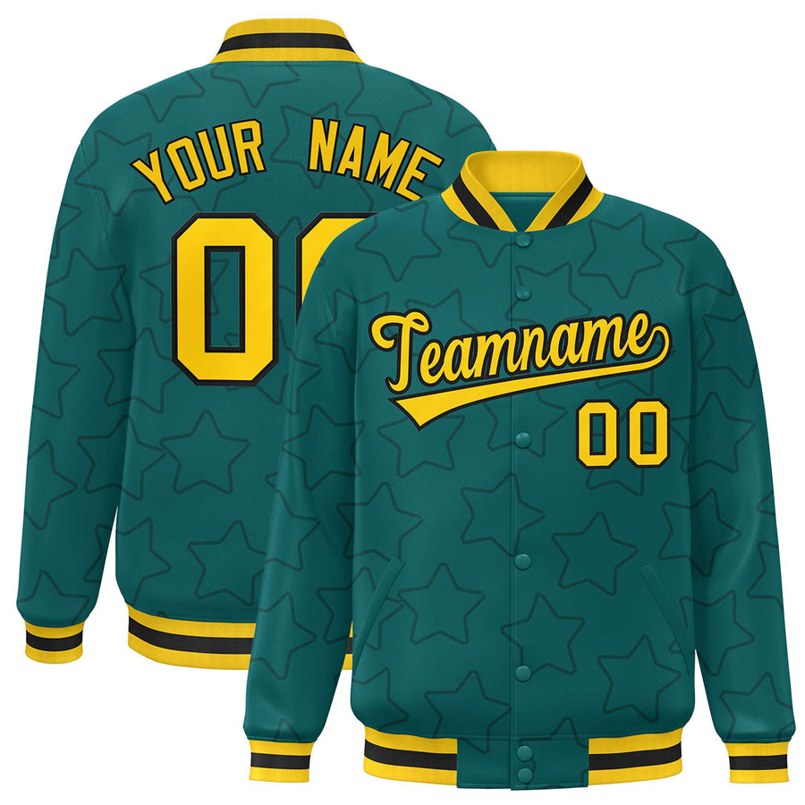 Custom Aqua Navy Varsity Full-Snap Star Pattern Letterman Baseball Jacket | BuyFootballJersey