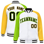 Custom White Gold-Neon Green Varsity Full-Snap Raglan Sleeves Letterman Bomber Jacket | BuyFootballJersey