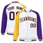Custom White Purple-Gold Varsity Full-Snap Raglan Sleeves Letterman Bomber Jacket | BuyFootballJersey