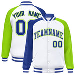 Custom White Neon Green-Royal Varsity Full-Snap Raglan Sleeves Letterman Bomber Jacket | BuyFootballJersey