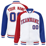 Custom White Royal-Red Varsity Full-Snap Raglan Sleeves Letterman Bomber Jacket | BuyFootballJersey
