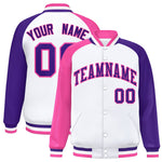 Custom White Purple-Pink Varsity Full-Snap Raglan Sleeves Letterman Bomber Jacket | BuyFootballJersey