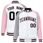 Custom White Light Pink-Gray Varsity Full-Snap Raglan Sleeves Letterman Bomber Jacket | BuyFootballJersey