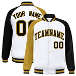 Custom White Black-Gold Varsity Full-Snap Raglan Sleeves Letterman Bomber Jacket | BuyFootballJersey