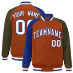 Custom Texas Orange Olive-Royal Varsity Full-Snap Raglan Sleeves Letterman Bomber Jacket | BuyFootballJersey