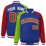 Custom Royal Red-Neon Green Varsity Full-Snap Raglan Sleeves Letterman Bomber Jacket | BuyFootballJersey