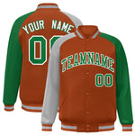 Custom Texas Orange Kelly Green-Gray Varsity Full-Snap Raglan Sleeves Letterman Bomber Jacket | BuyFootballJersey