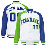 Custom White Royal-Green Varsity Full-Snap Raglan Sleeves Letterman Bomber Jacket | BuyFootballJersey