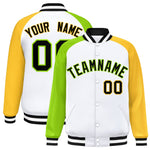 Custom White Gold-Neon Green Varsity Full-Snap Raglan Sleeves Letterman Bomber Jacket | BuyFootballJersey