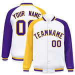 Custom White Purple-Gold Varsity Full-Snap Raglan Sleeves Letterman Bomber Jacket | BuyFootballJersey