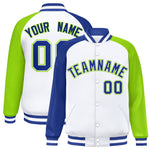 Custom White Neon Green-Royal Varsity Full-Snap Raglan Sleeves Letterman Bomber Jacket | BuyFootballJersey