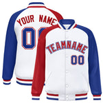 Custom White Royal-Red Varsity Full-Snap Raglan Sleeves Letterman Bomber Jacket | BuyFootballJersey