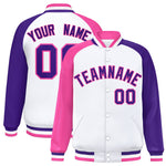 Custom White Purple-Pink Varsity Full-Snap Raglan Sleeves Letterman Bomber Jacket | BuyFootballJersey