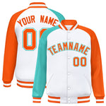 Custom White Orange-Bright Green Varsity Full-Snap Raglan Sleeves Letterman Bomber Jacket | BuyFootballJersey
