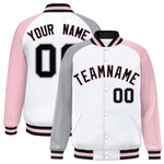 Custom White Light Pink-Gray Varsity Full-Snap Raglan Sleeves Letterman Bomber Jacket | BuyFootballJersey