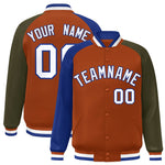 Custom Texas Orange Olive-Royal Varsity Full-Snap Raglan Sleeves Letterman Bomber Jacket | BuyFootballJersey