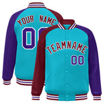Custom Sky Blue Purple-Crimson Varsity Full-Snap Raglan Sleeves Letterman Bomber Jacket | BuyFootballJersey