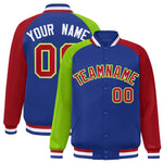 Custom Royal Red-Neon Green Varsity Full-Snap Raglan Sleeves Letterman Bomber Jacket | BuyFootballJersey