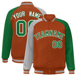 Custom Texas Orange Kelly Green-Gray Varsity Full-Snap Raglan Sleeves Letterman Bomber Jacket | BuyFootballJersey