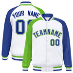 Custom White Royal-Green Varsity Full-Snap Raglan Sleeves Letterman Bomber Jacket | BuyFootballJersey
