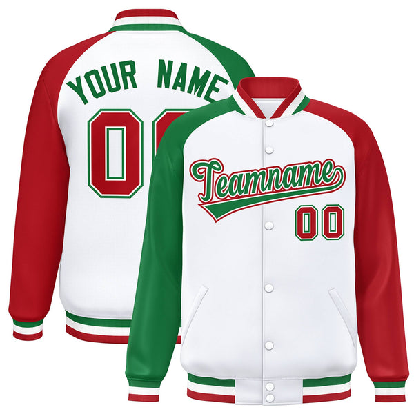 Custom White Red-Kelly Green Varsity Full-Snap Raglan Sleeves Letterman Bomber Jacket | BuyFootballJersey