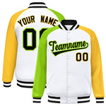 Custom White Gold-Neon Green Varsity Full-Snap Raglan Sleeves Letterman Bomber Jacket | BuyFootballJersey