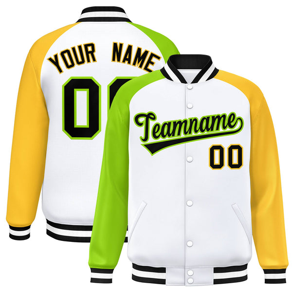 Custom White Gold-Neon Green Varsity Full-Snap Raglan Sleeves Letterman Bomber Jacket | BuyFootballJersey