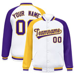 Custom White Purple-Gold Varsity Full-Snap Raglan Sleeves Letterman Bomber Jacket | BuyFootballJersey