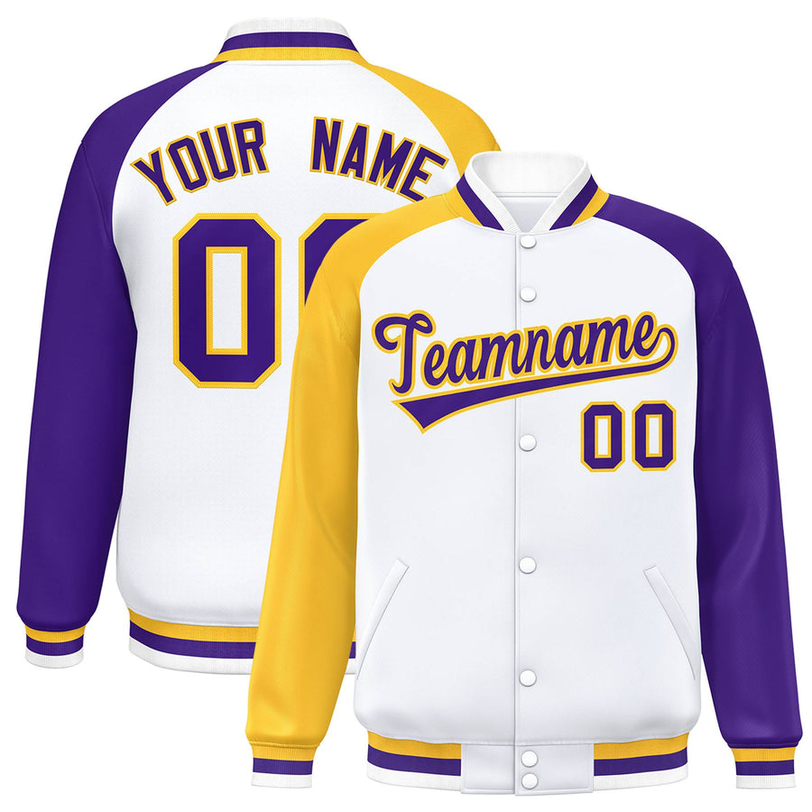 Custom White Purple-Gold Varsity Full-Snap Raglan Sleeves Letterman Bomber Jacket | BuyFootballJersey