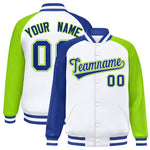 Custom White Neon Green-Royal Varsity Full-Snap Raglan Sleeves Letterman Bomber Jacket | BuyFootballJersey