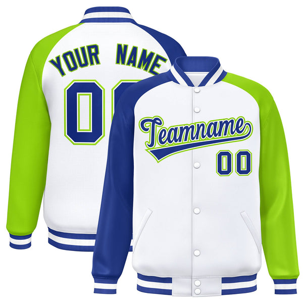 Custom White Neon Green-Royal Varsity Full-Snap Raglan Sleeves Letterman Bomber Jacket | BuyFootballJersey