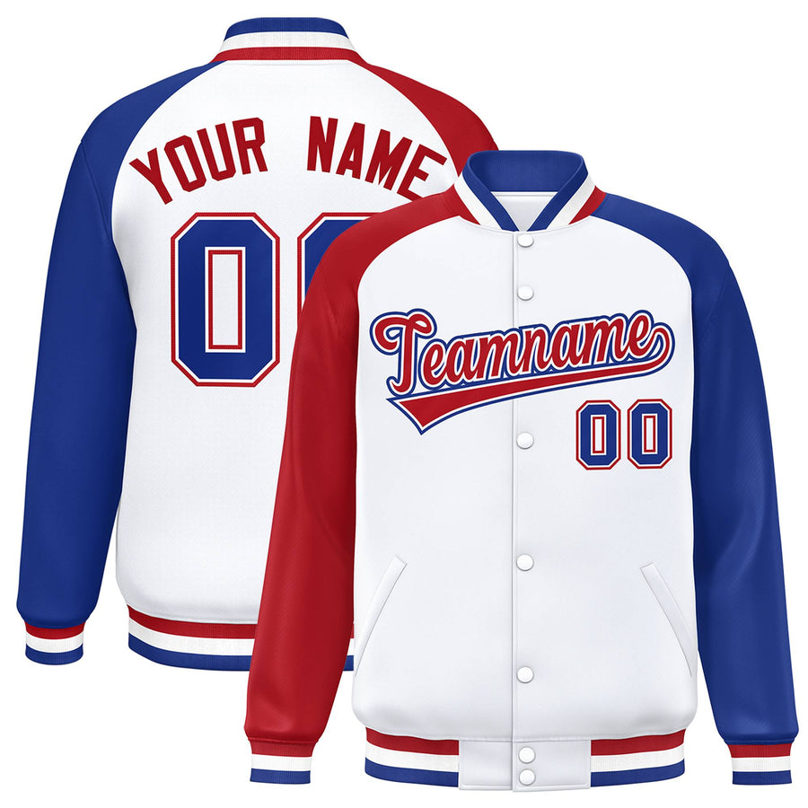 Custom White Royal-Red Varsity Full-Snap Raglan Sleeves Letterman Bomber Jacket | BuyFootballJersey