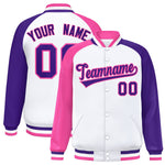 Custom White Purple-Pink Varsity Full-Snap Raglan Sleeves Letterman Bomber Jacket | BuyFootballJersey