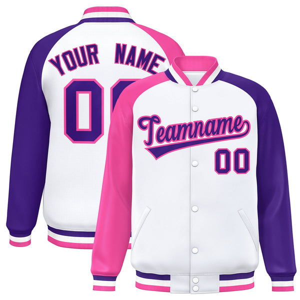 Custom White Purple-Pink Varsity Full-Snap Raglan Sleeves Letterman Bomber Jacket | BuyFootballJersey