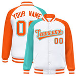 Custom White Orange-Bright Green Varsity Full-Snap Raglan Sleeves Letterman Bomber Jacket | BuyFootballJersey