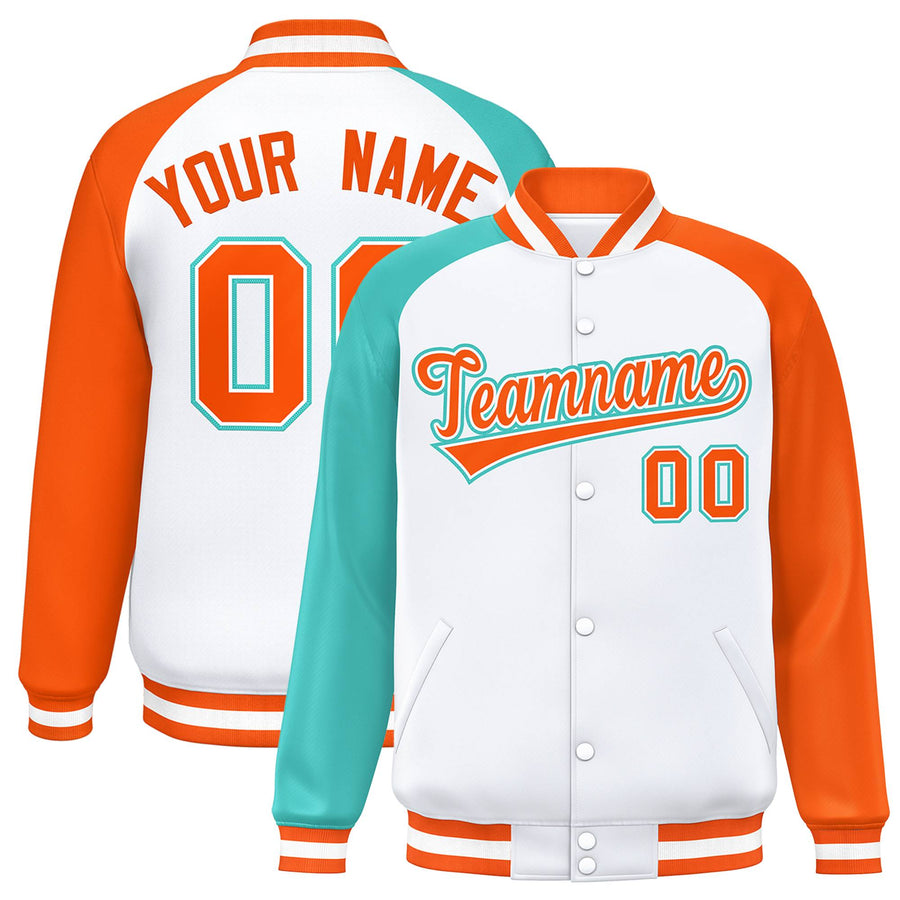 Custom White Orange-Bright Green Varsity Full-Snap Raglan Sleeves Letterman Bomber Jacket | BuyFootballJersey