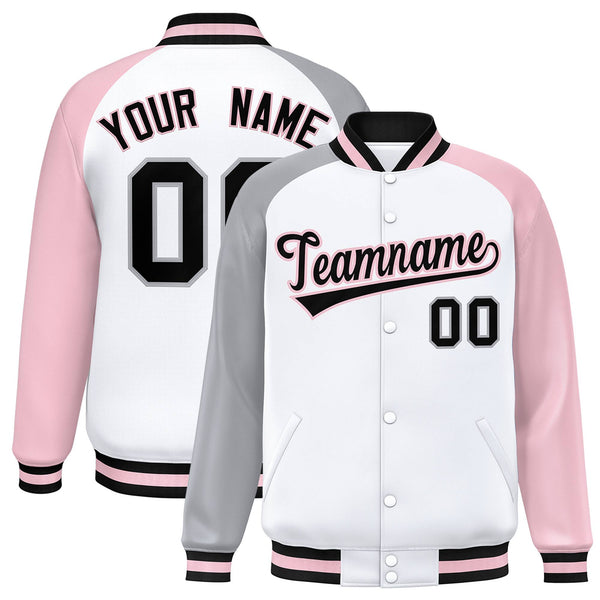 Custom White Light Pink-Gray Varsity Full-Snap Raglan Sleeves Letterman Bomber Jacket | BuyFootballJersey