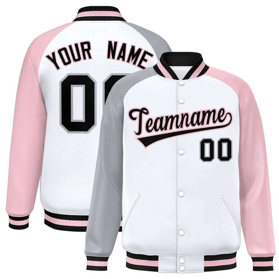 Custom White Light Pink-Gray Varsity Full-Snap Raglan Sleeves Letterman Bomber Jacket | BuyFootballJersey