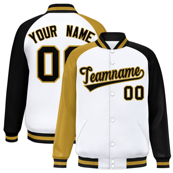 Custom White Black-Gold Varsity Full-Snap Raglan Sleeves Letterman Bomber Jacket | BuyFootballJersey